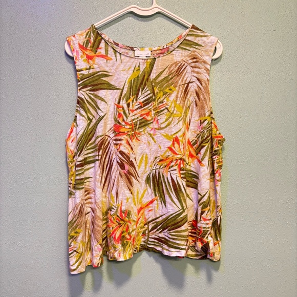 J. Jill Tops - J. Jill Relaxed Tropical Print Orange Pink Linen Sleeveless Tank Top Size 2X